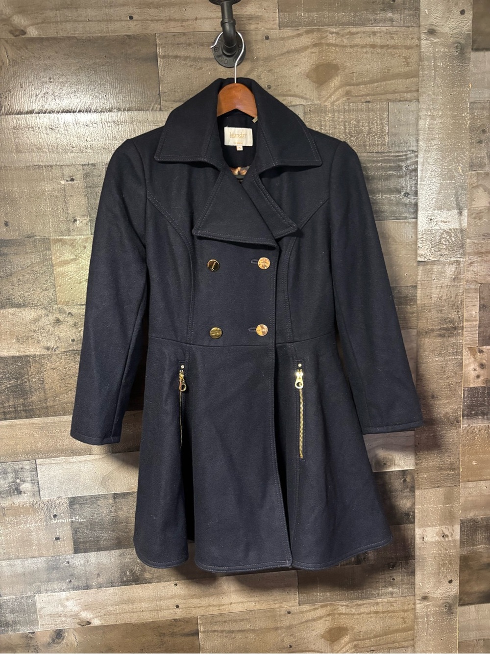Laundry By Shelli Segal Black Double-Breasted Peplum Pea Coat Large Petite